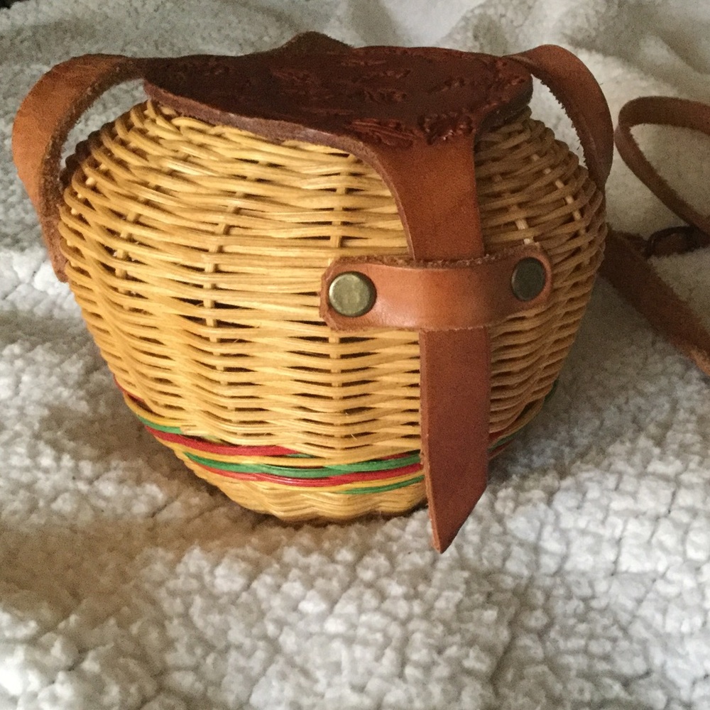 Straw Bucket Bag Leather Cover NWOT